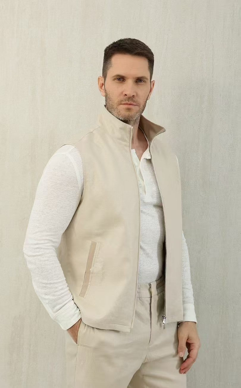 Ermenegildo Zegna Men's Spring And Autumn Solid Color Standing Collar Zipper Fit Sleeveless Vest Jacket Ngvp #1168