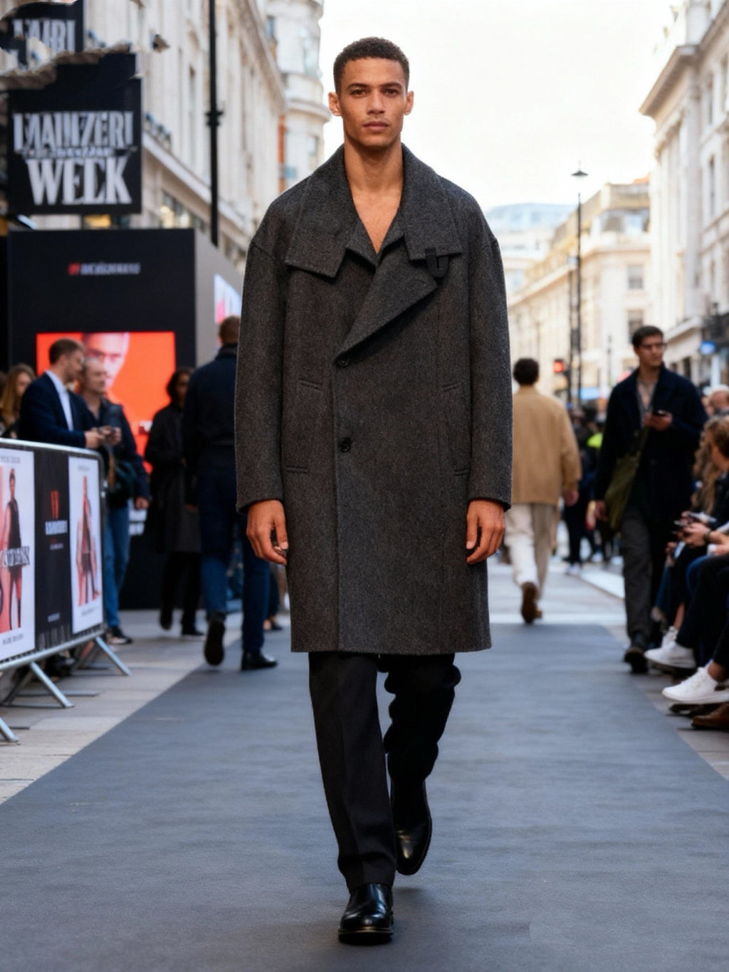 Hermes Men's Large Lapel Wool Slightly Wide Version Long Cashmere Coat #333099