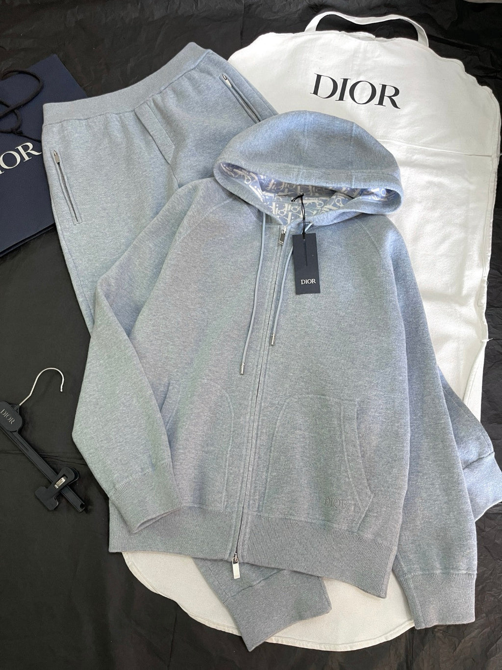 Dior Men's Spring And Autumn Lining Full Print Zipper Cotton Cashmere Solid Color Hooded Track Jacket Casual Elastic Sports Pants #77855