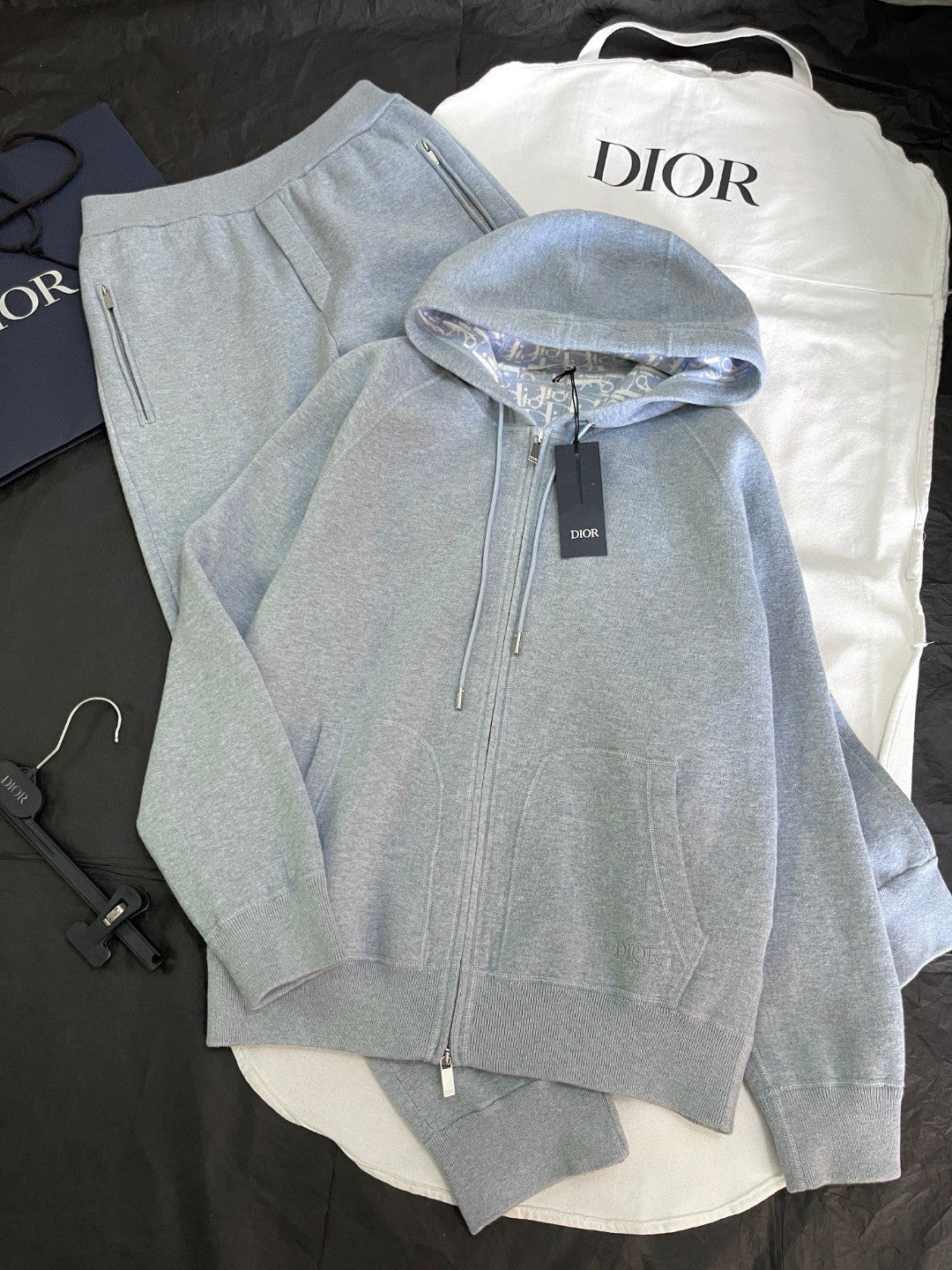 Dior Men's Spring And Autumn Lining Full Print Zipper Cotton Cashmere Solid Color Hooded Track Jacket Casual Elastic Sports Pants #77855