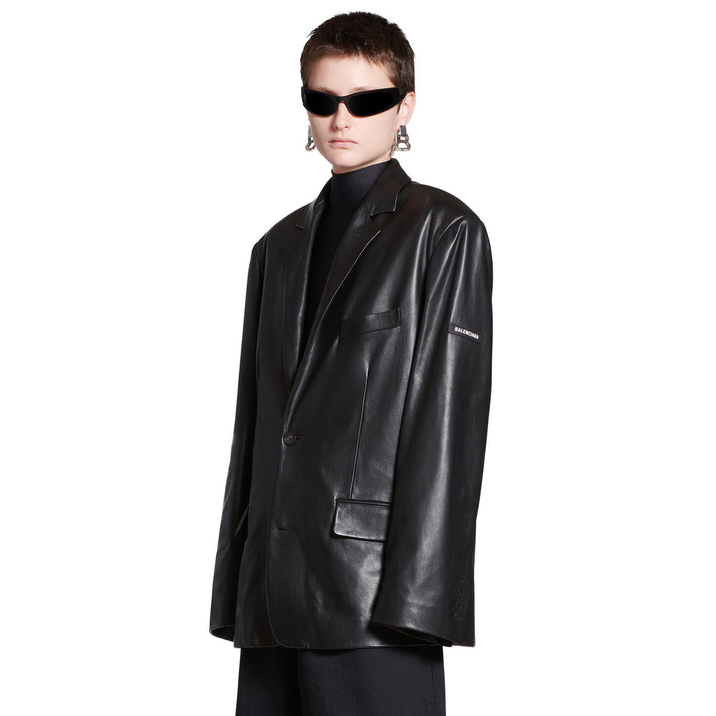 Balenciaga Men's Fall/Winter Black Logo Labeled Single Breasted Regular Fit Long Sleeve Leather Jacket #98955