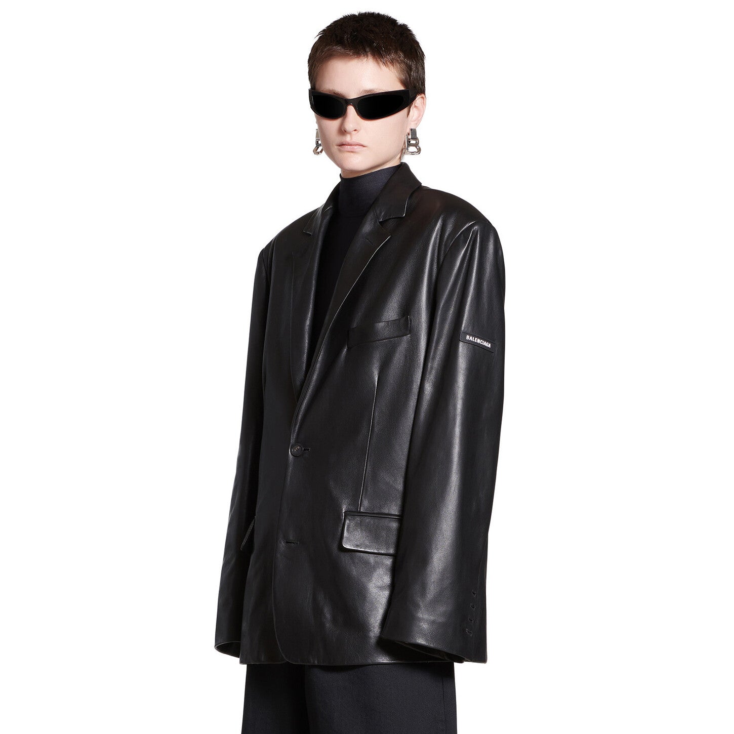 Balenciaga Men's Fall/Winter Black Logo Labeled Single Breasted Regular Fit Long Sleeve Leather Jacket #98955