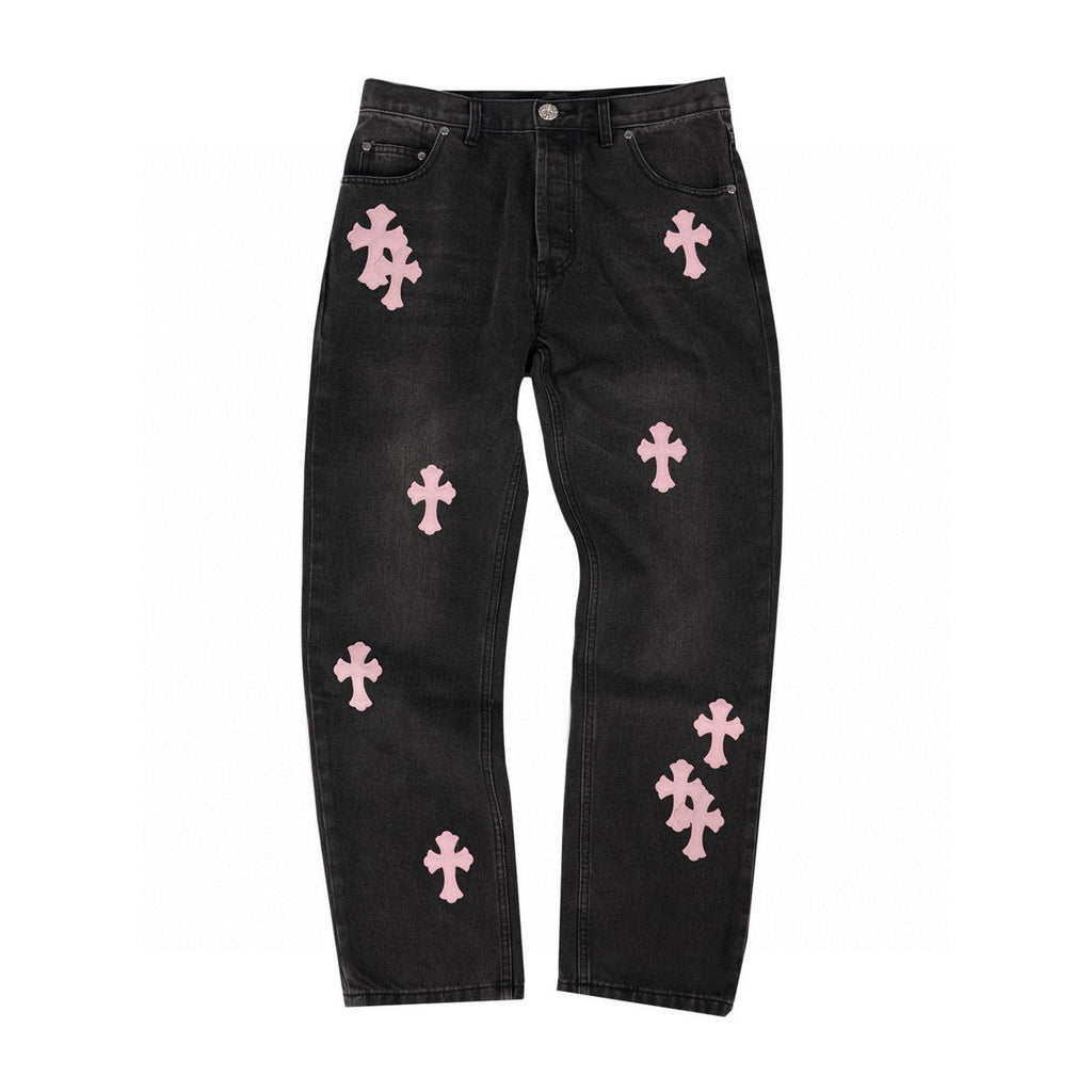 Chrome Hearts Men's and Women's Spring and Fall Pink Cross Calfskin Labeled Black Jeans Pants #97952