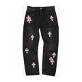 Chrome Hearts Men's and Women's Spring and Fall Pink Cross Calfskin Labeled Black Jeans Pants #97952