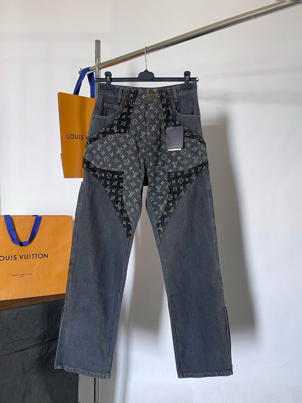 Louis Vuitton Monogram Flower Denim Pants Men's Black Logo Letter Print Irregular Fit Jeans #98869
