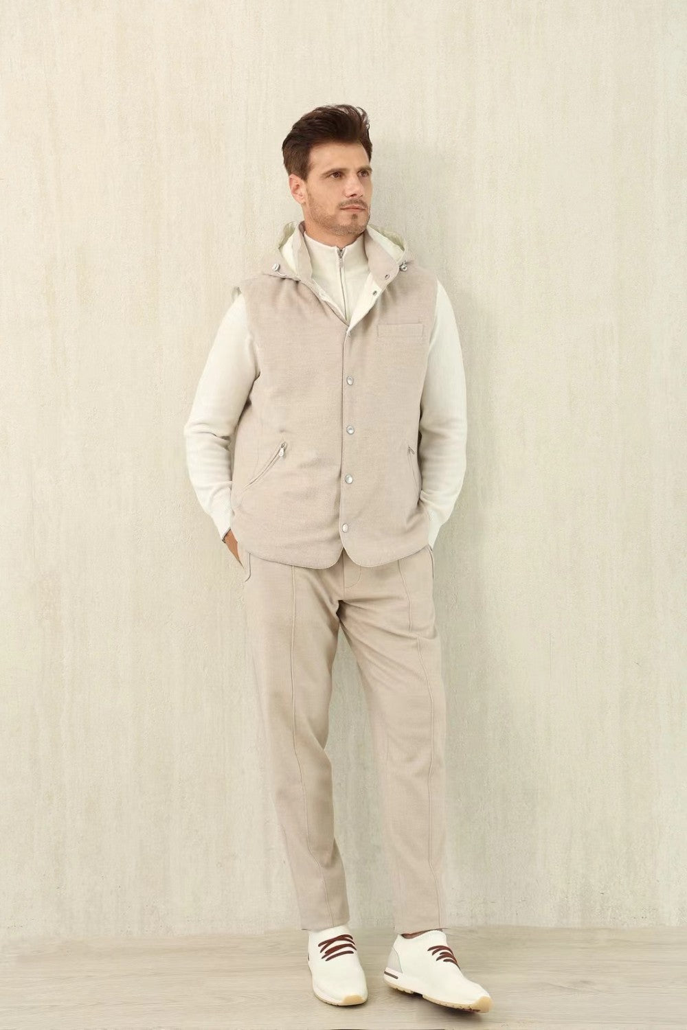 Brunello Cucinelli Men's Spring/Autumn Detachable Hooded Solid Color Single-Breasted Bonded Wool Flannel Down Vest Ngvp #2293