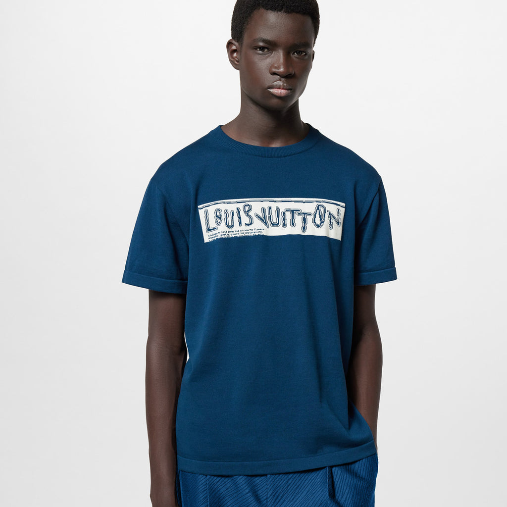 Louis Vuitton Men's Summer Blue Letter Print Round Neck Short-Sleeved Cotton Crewneck T-Shirt #97585