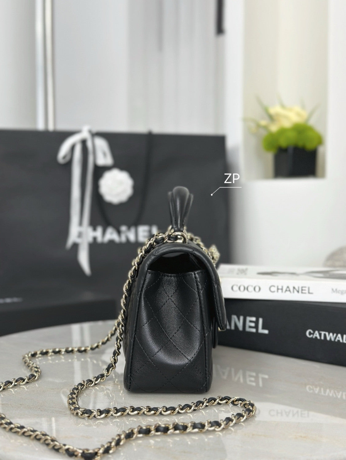 Chanel Mini Classic Handbag With Top Handle Lambskin Diamanté & Gold Metal Black #381896