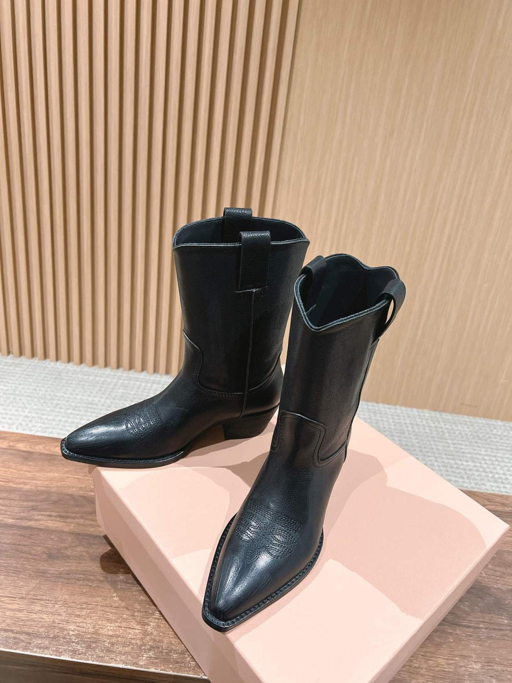 MiuMiu Women's Autumn/winter Fashion Classic Solid Color Retro Leather Pointed Toe High Heel High Boot Shoes #78435