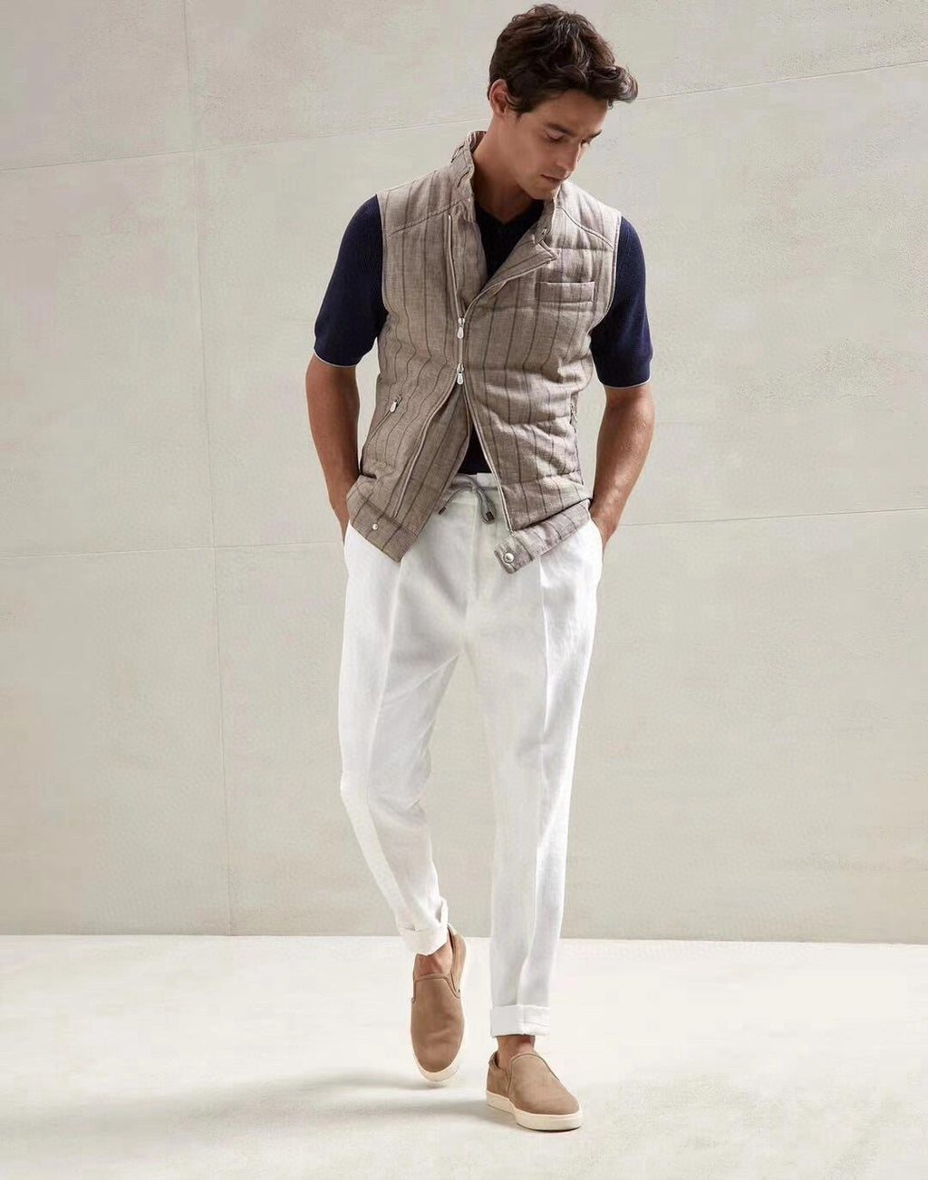 Brunello Cucinelli Men's Four-Season Drawstring Tie-Waist Plain-Colored Fitted Casual Linen Pants Ngvp #2296