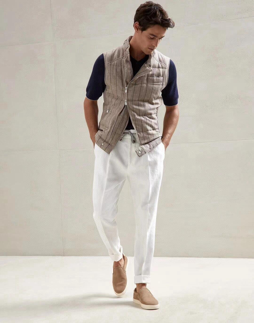 Brunello Cucinelli Men's Four-Season Drawstring Tie-Waist Plain-Colored Fitted Casual Linen Pants Ngvp #2296