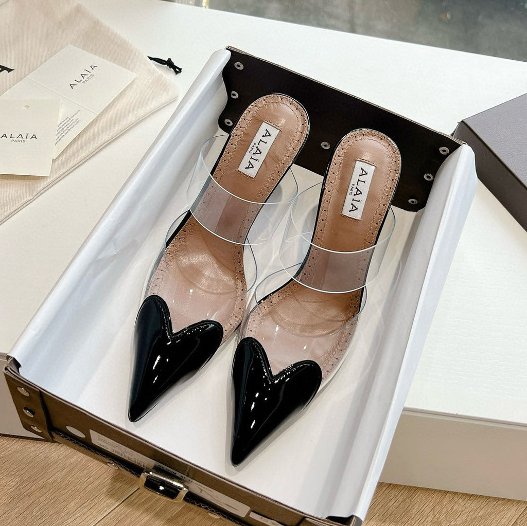 Alaia Women's Summer Fashion Elegant Pointed Toe Heart Shaped Mule Stiletto Leather Sole High Heels #78328