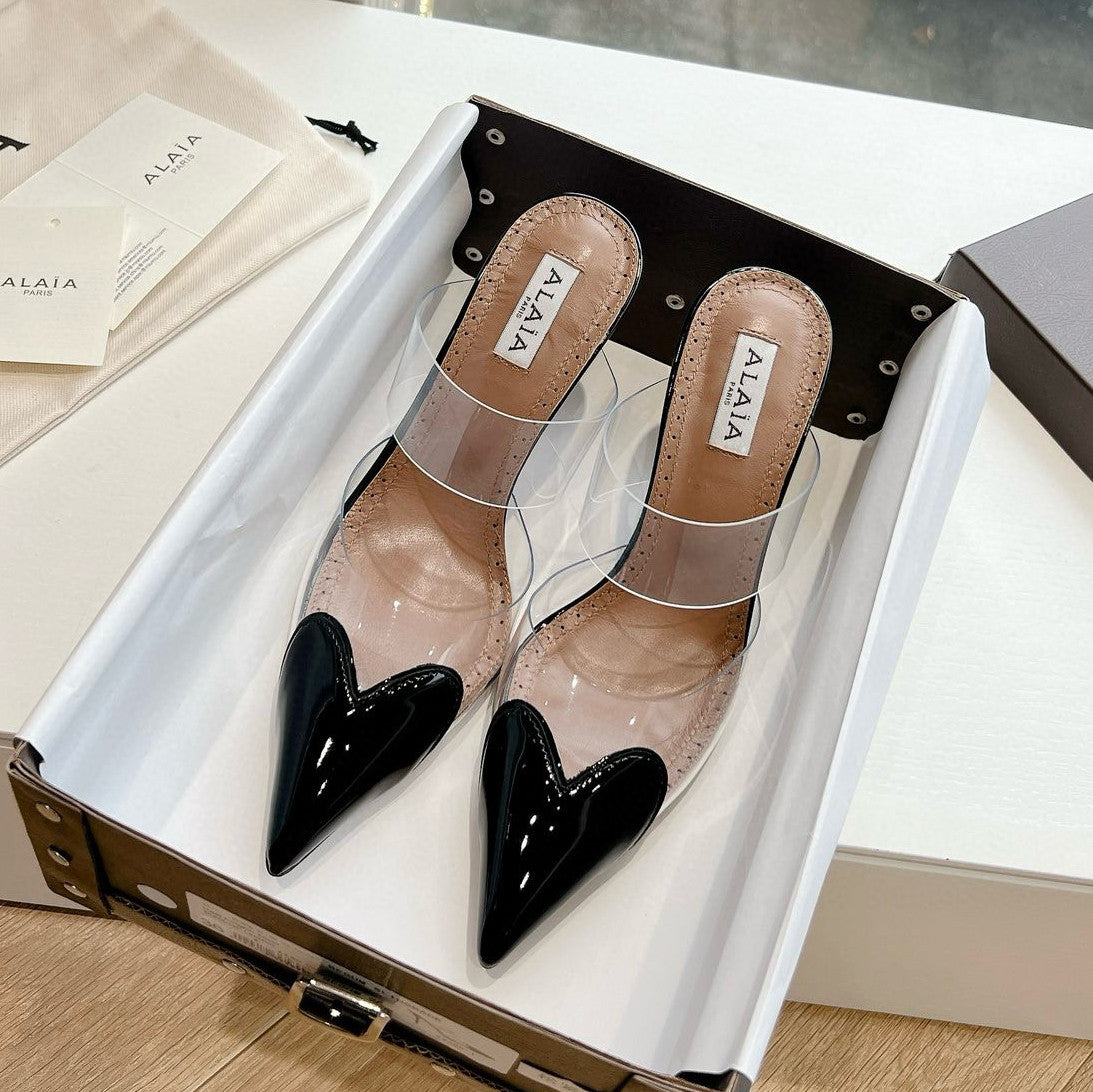 Alaia Women's Summer Fashion Elegant Pointed Toe Heart Shaped Mule Stiletto Leather Sole High Heels #78328