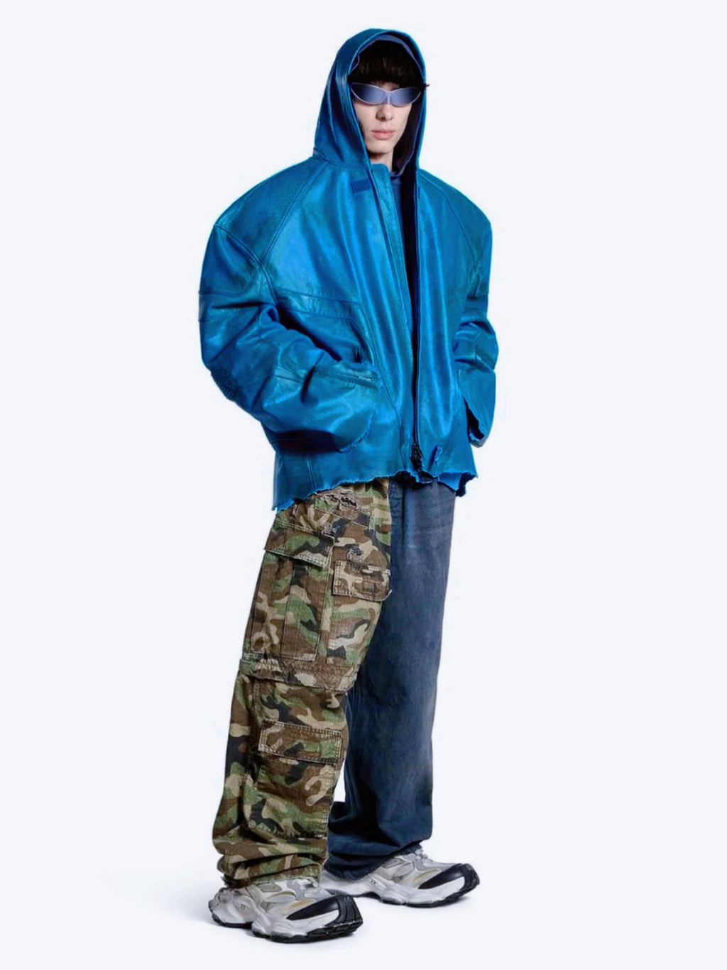 Balenciaga Men's Four Seasons Vintage Washed Camouflage Splicing Frayed Jeans Fashion High Street Straight Wide Leg Work Pants Ngvp #9121