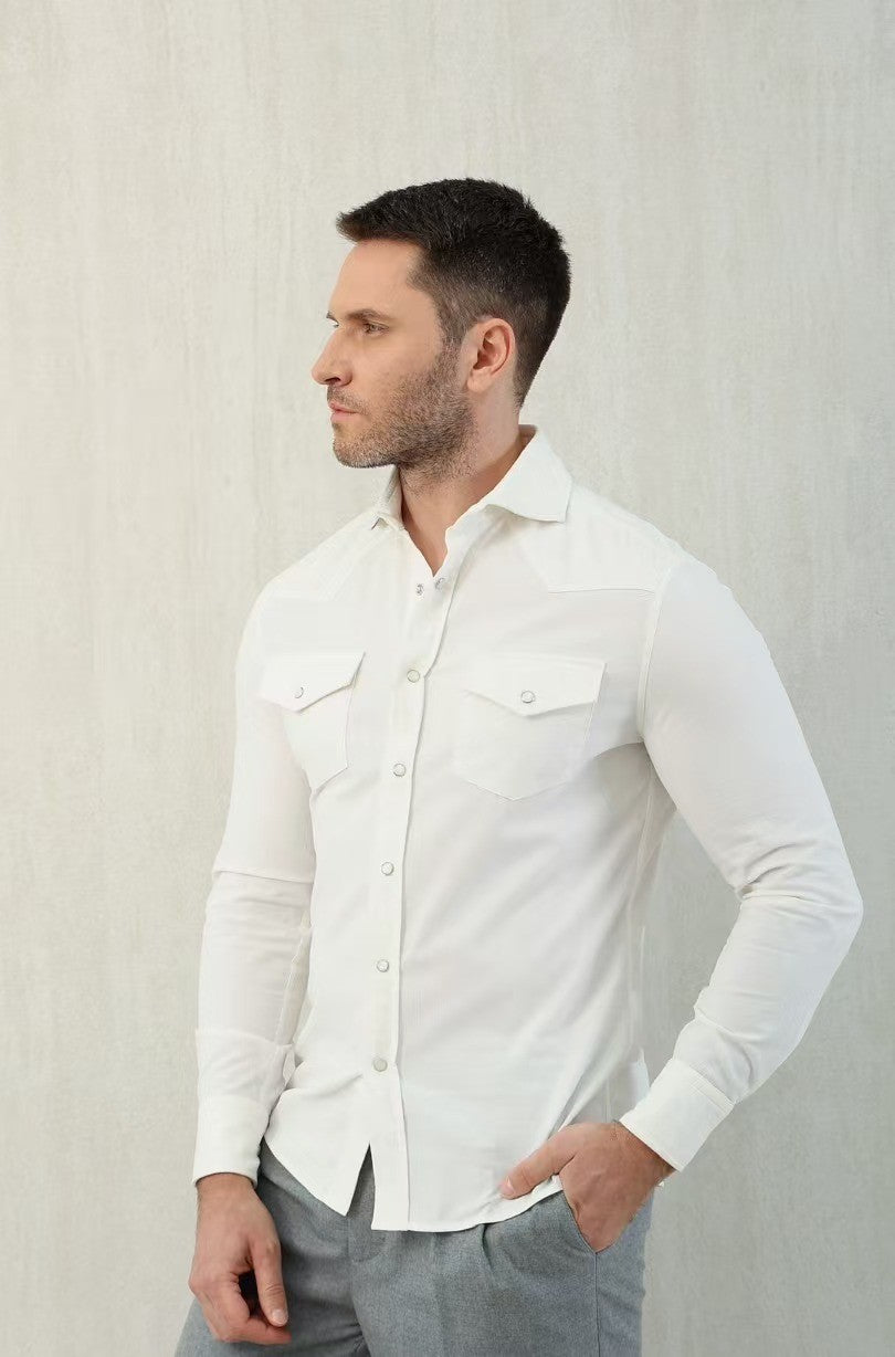 Brunello Cucinelli Men's Spring And Fall Cotton Lapel Solid Color Single-Breasted Chest Pocket Long Sleeve Fitted Shirt Ngvp #1557