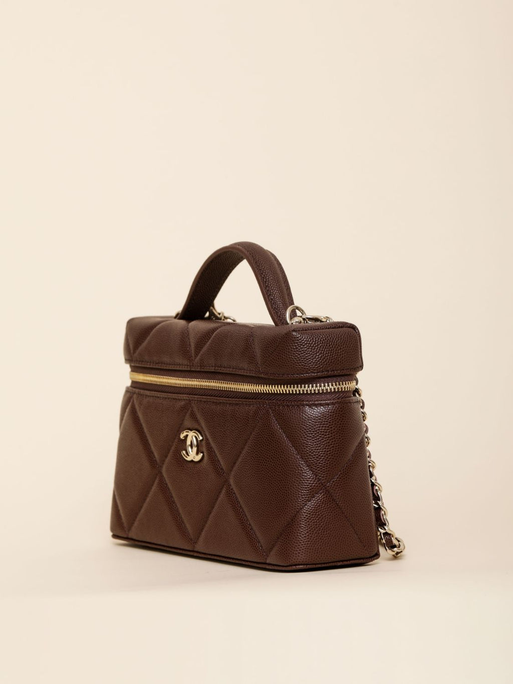 Chanel Chain Dressing Table Grained Shiny Calfskin with Gold Metal Dark Brown Fashion #332778