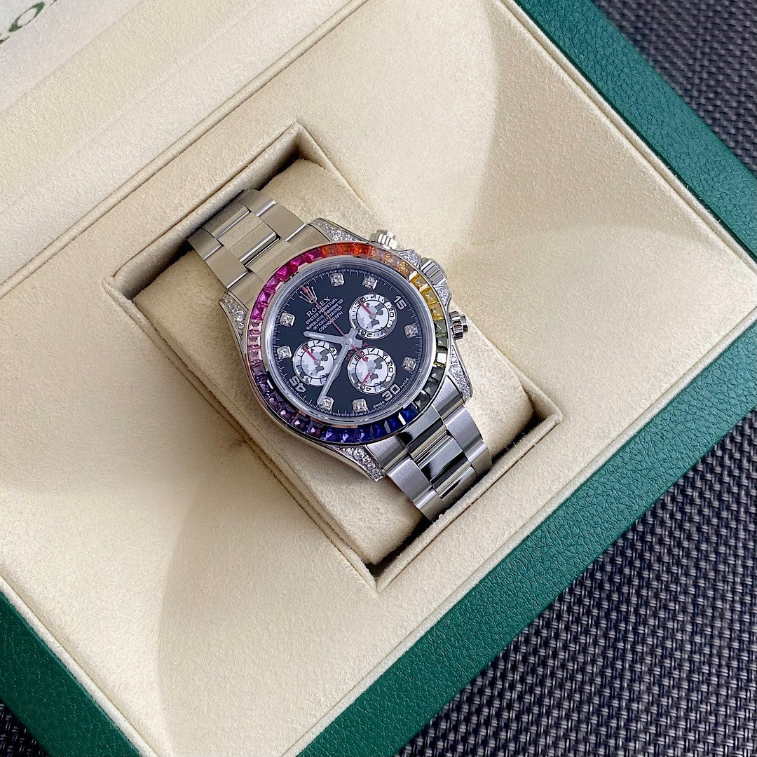 Rolex Men's and Women's Colorful Crystal Diamonds Steel Strap Waterproof Watch #99898