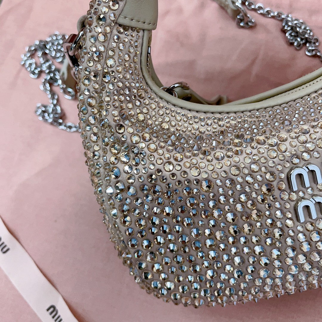 MiuMiu Wander Women's Metal Engraved Logo Detachable Chain Shoulder Strap Faux Crystal Embellished Shoulder Slanting Handbag Bag Bags #76744