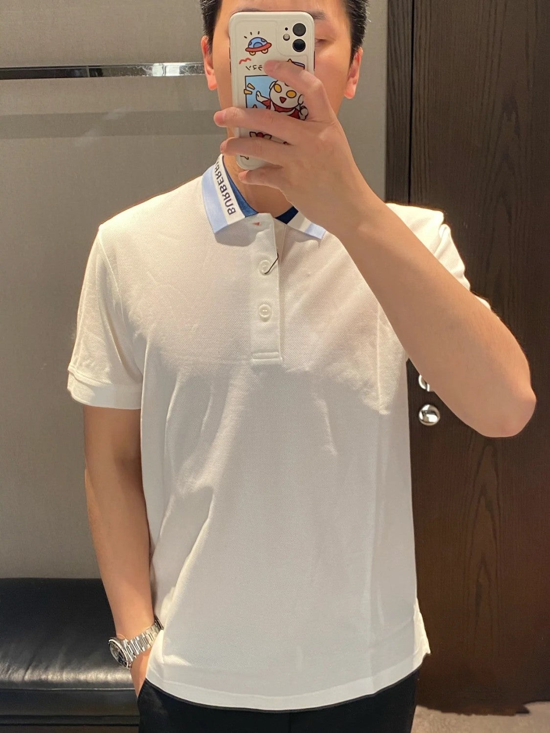 Burberry Men's Summer Solid Logo Colorblocking Lapel Cotton Straight Short Sleeve Polo Shirt #99963