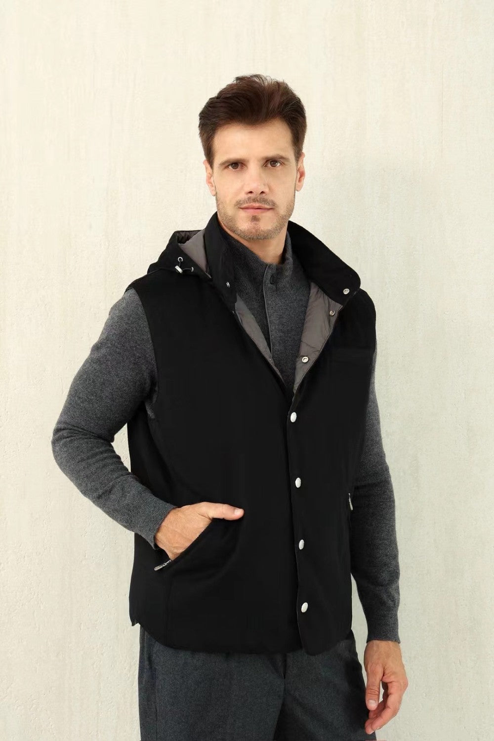 Brunello Cucinelli Men's Spring/Autumn Detachable Hooded Solid Color Single-Breasted Bonded Wool Flannel Down Vest Ngvp #2293