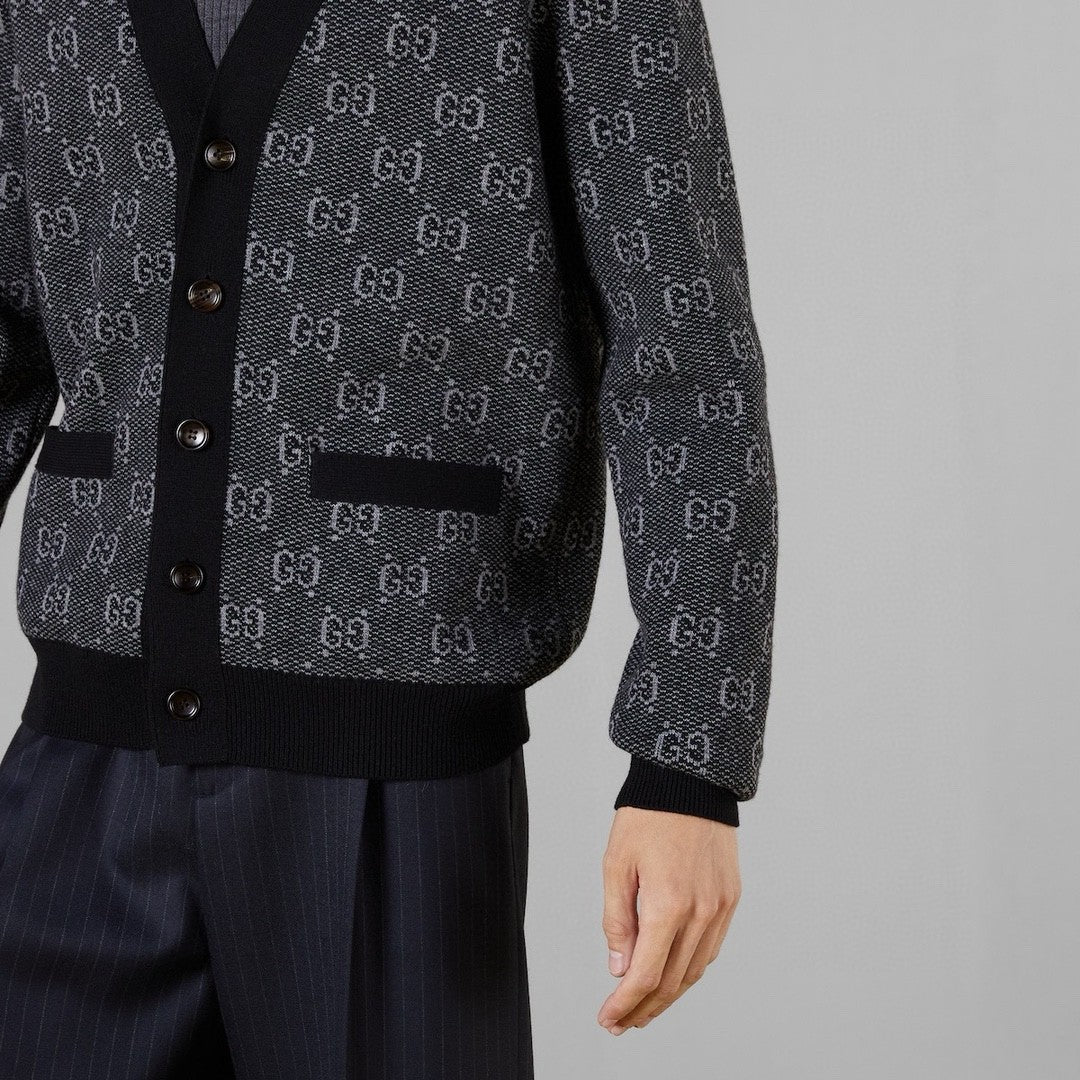 Gucci Men's Spring And Fall Letter Print Single Breasted V-neck Wool Long Sleeved Knit Sweater Jacket #73613