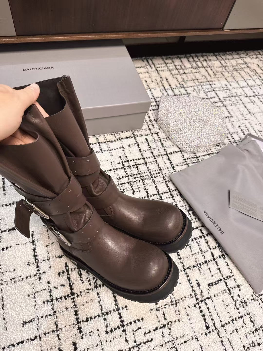 Balenciaga Women's Four Seasons Solid Color Grained Cowhide Tall Martin Boots Shoes #76425
