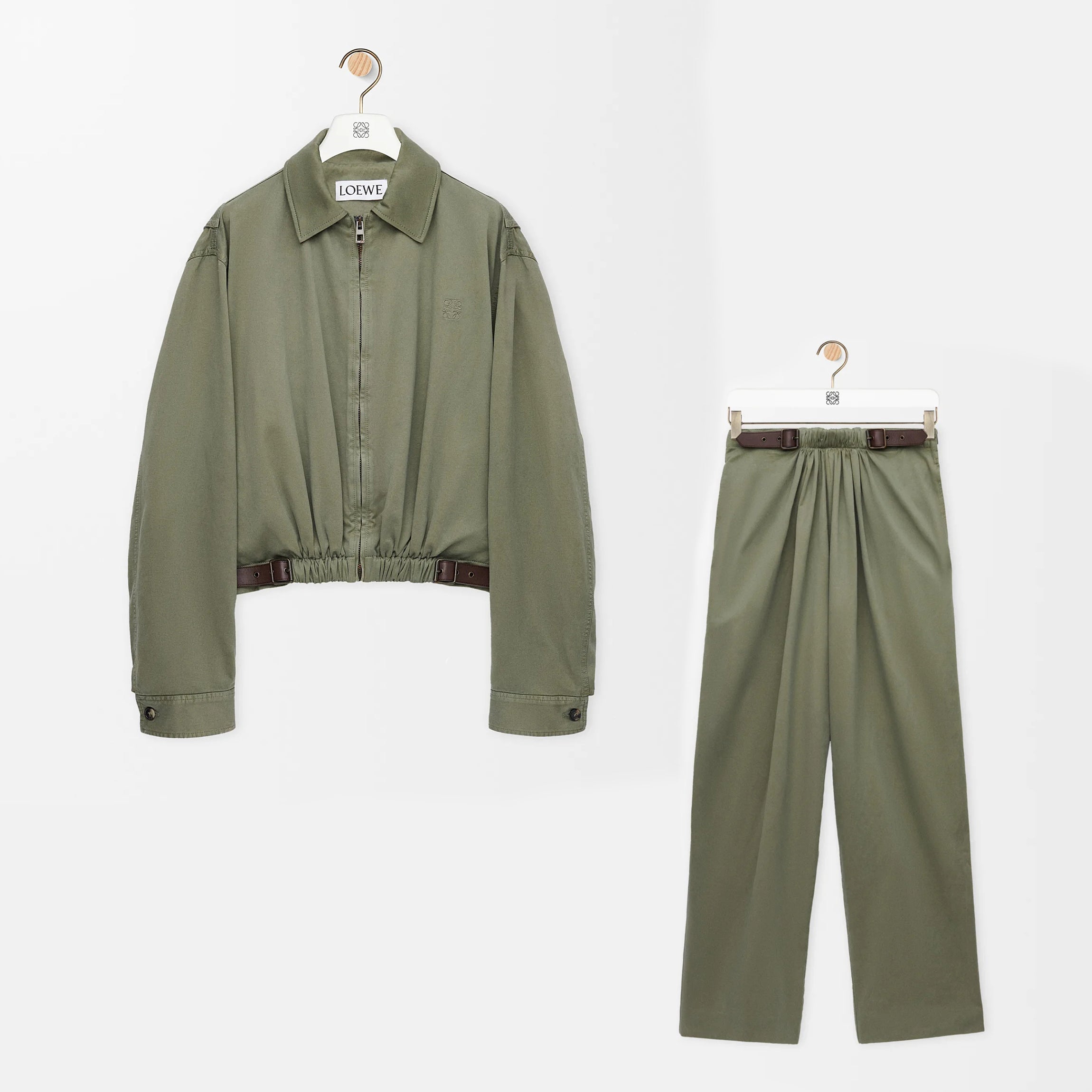 Loewe Men's And Women's Spring/fall Fashion Casual Solid-color Lapel Zipper Cotton Satin Fabric Waist Tapered Jacket  Elastic Waist Straight Leg Pants Suit Set #79174