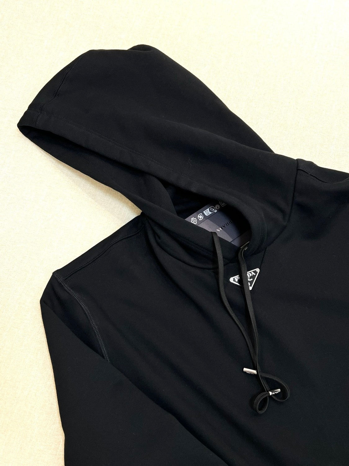 Prada Men's Spring and Fall Triangle Metal Label Black Cotton Hooded Drawstring Loose Sweatshirt Pullover #73284
