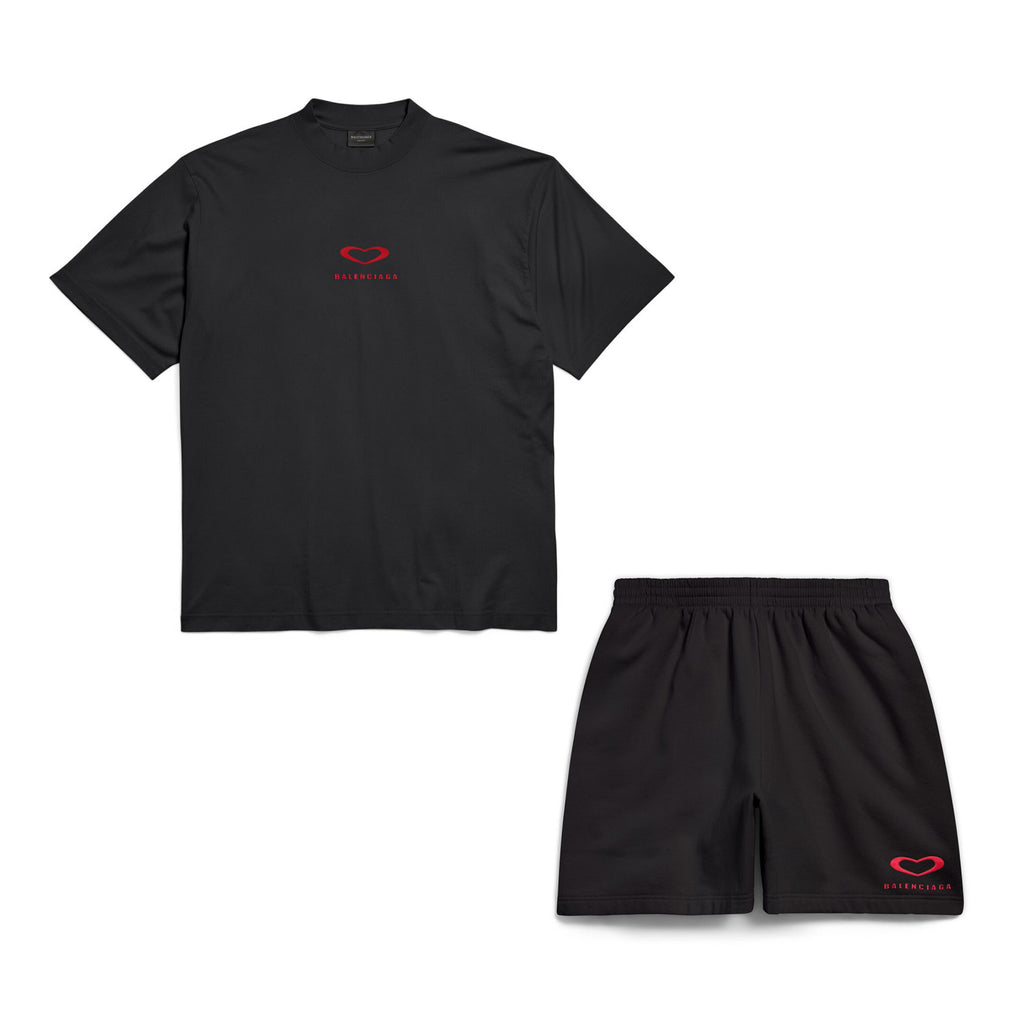 Balenciaga Men's And Women's Summer Fashion Casual Crew Neck Pullover Vintage Plain Weave Knit Short Sleeve T-Shirt with Elastic Waistband Logo Embroidered Shorts Suit Set #78535
