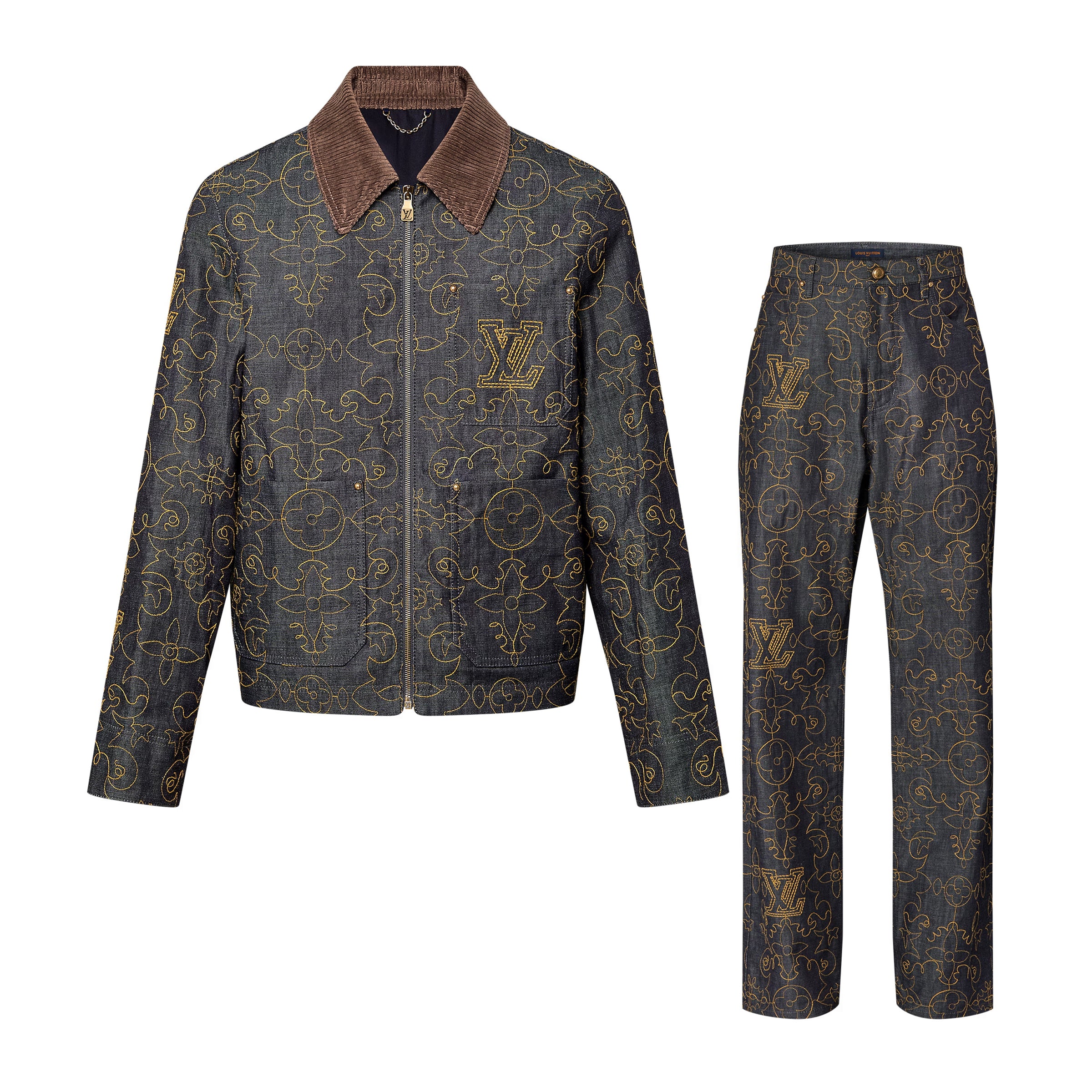 Louis Vuitton Men's Spring And Fall Logo Embroidery Zipper Lapel Long Sleeved Denim Jacket Casual Jeans Pants Suit Set #75267