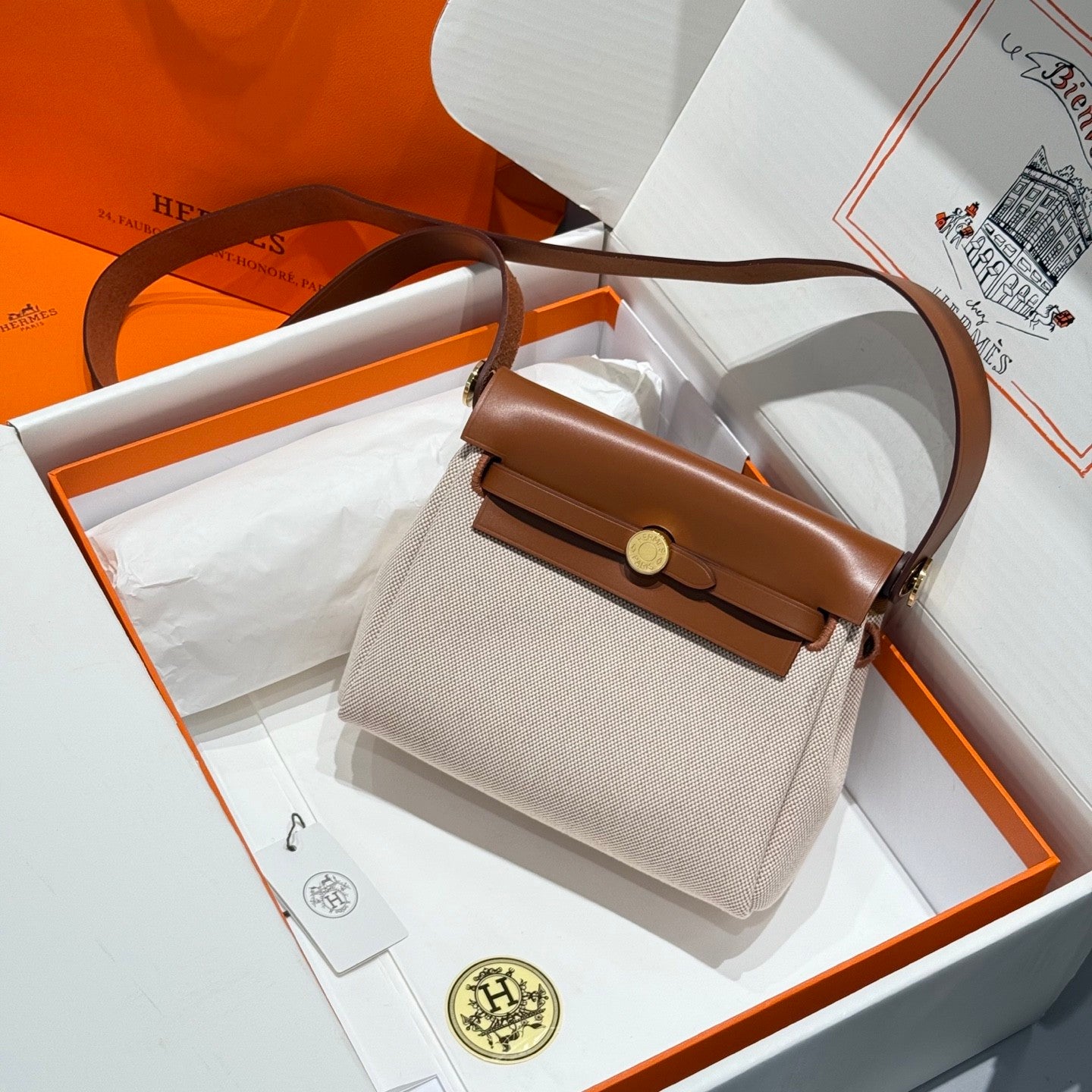 Hermes H -Mini Herbag Women's Color Blocking Metal Buckle Canvas and Cowhide Handbag Shoulder Satchel Bag Bags #76411