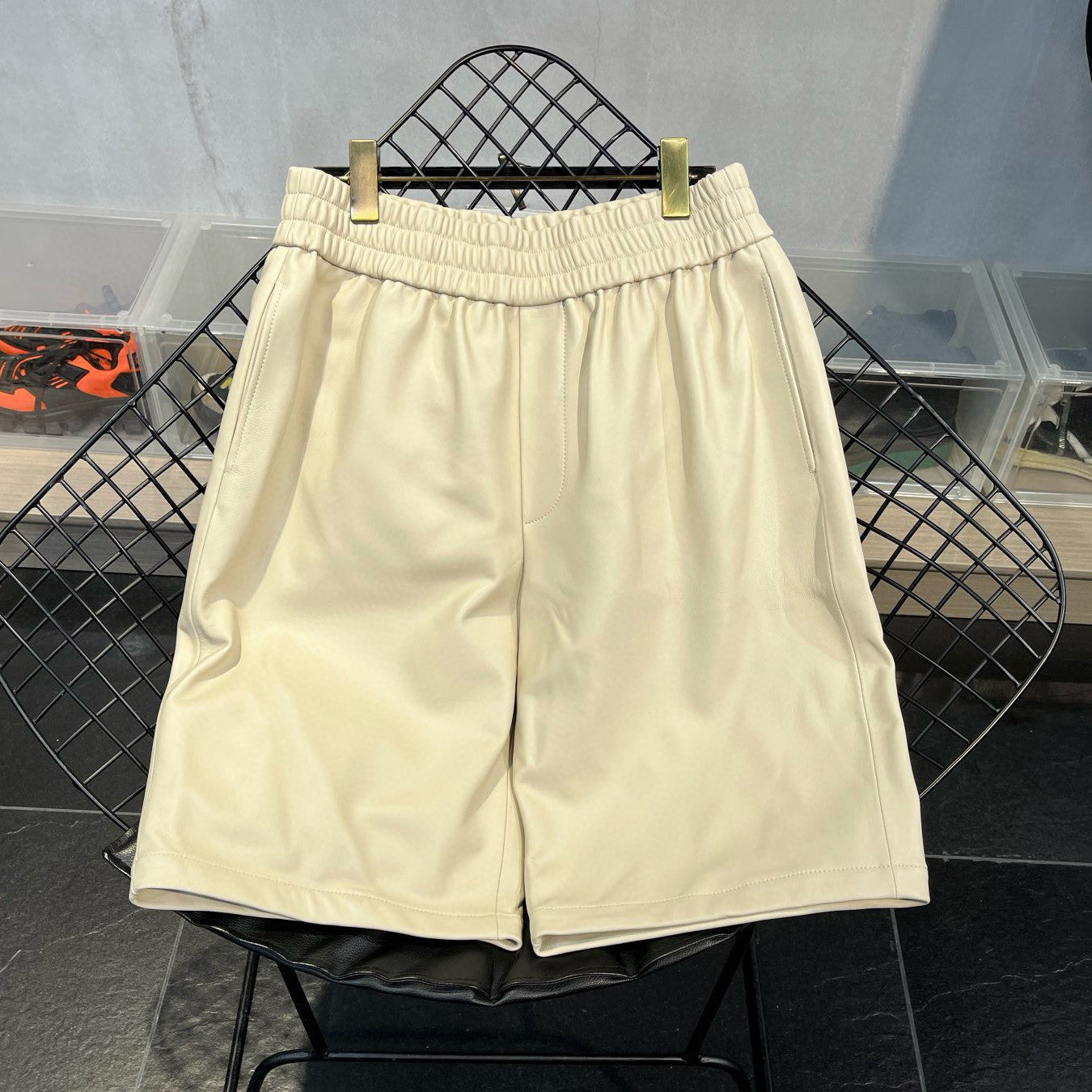 Prada Men's Summer Solid Color Leather Single Breasted Short Sleeve Shirt Stretch Shorts Set Suit #98895