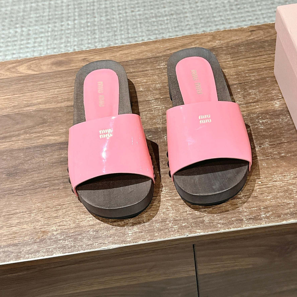 MiuMiu Women's Summer Fashion Casual Round Toe Slip On Suede Leather Wooden Sole Sandals Shoes #78432