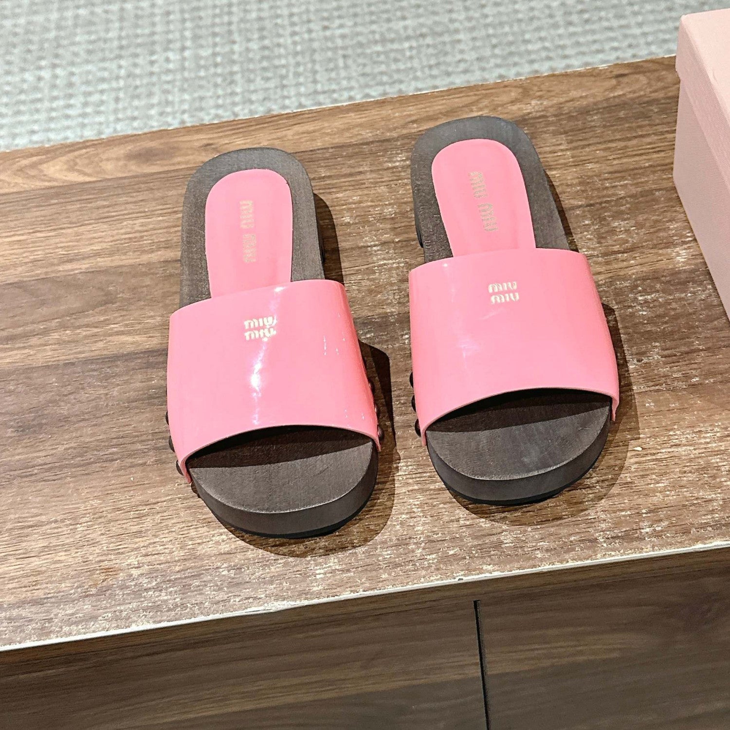 MiuMiu Women's Summer Fashion Casual Round Toe Slip On Suede Leather Wooden Sole Sandals Shoes #78432