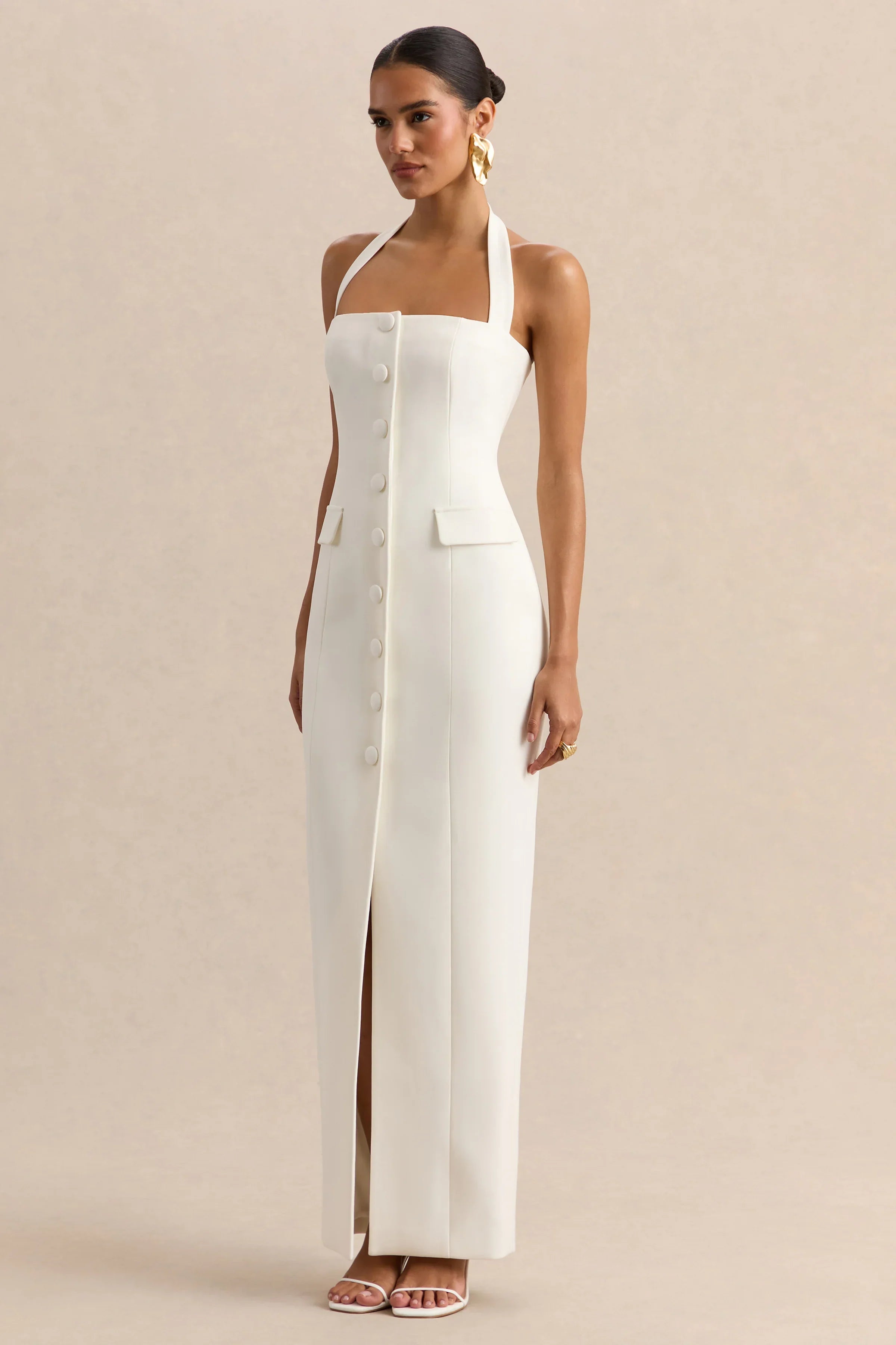 Steph | White Halter-Neck Tailored Maxi Dress