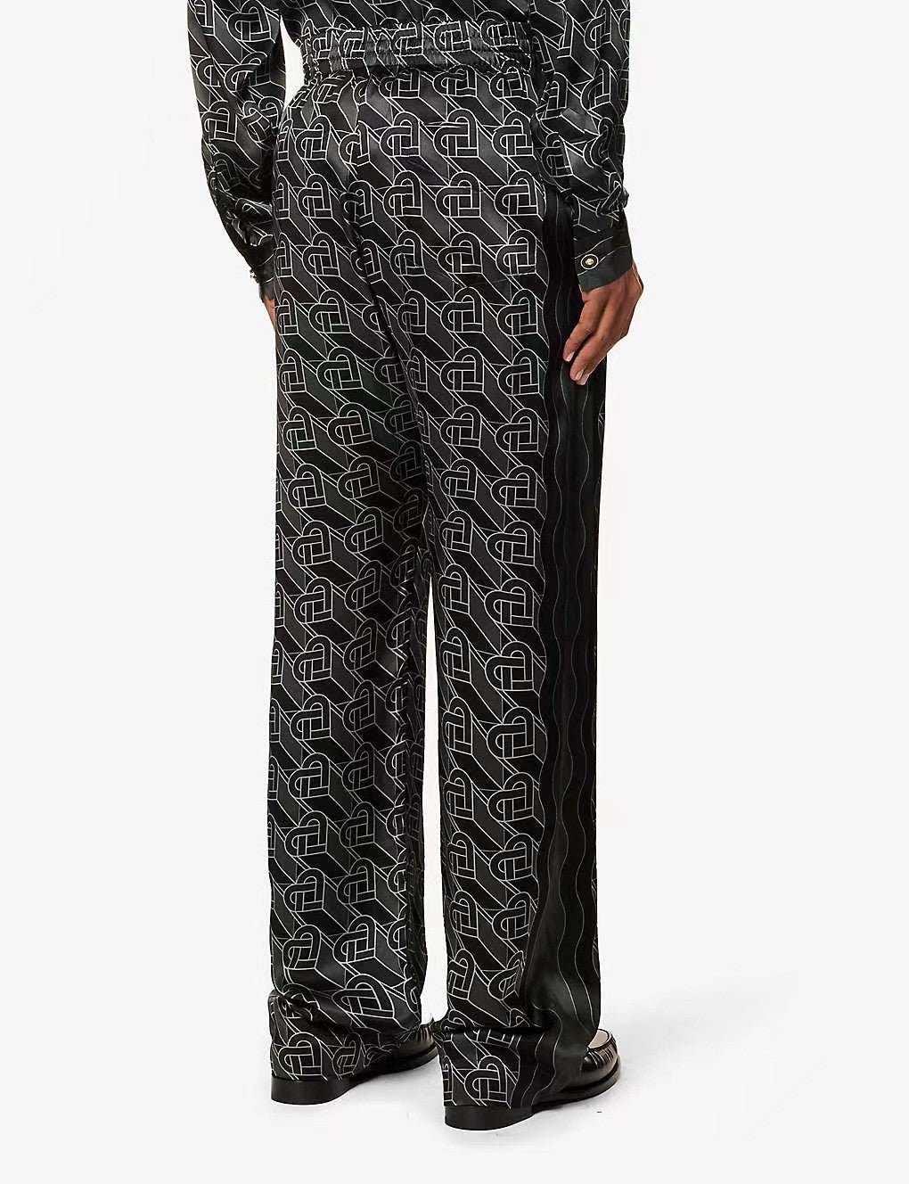 Casablanca Men's Spring And Fall Solid Color Heart Full Print Lapel Long-Sleeved Silk Loose Shirt Casual Elastic Waist Straight Pants Ngvp #8827
