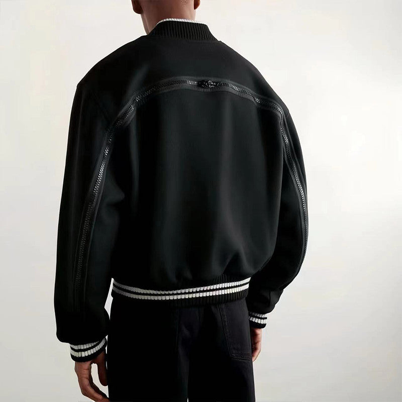 Dries Van Noten Men's Spring And Autumn Striped Zipper Casual Loose Wool Jacket Black Long Sleeved Round Neck Jacket Ngvp #7288