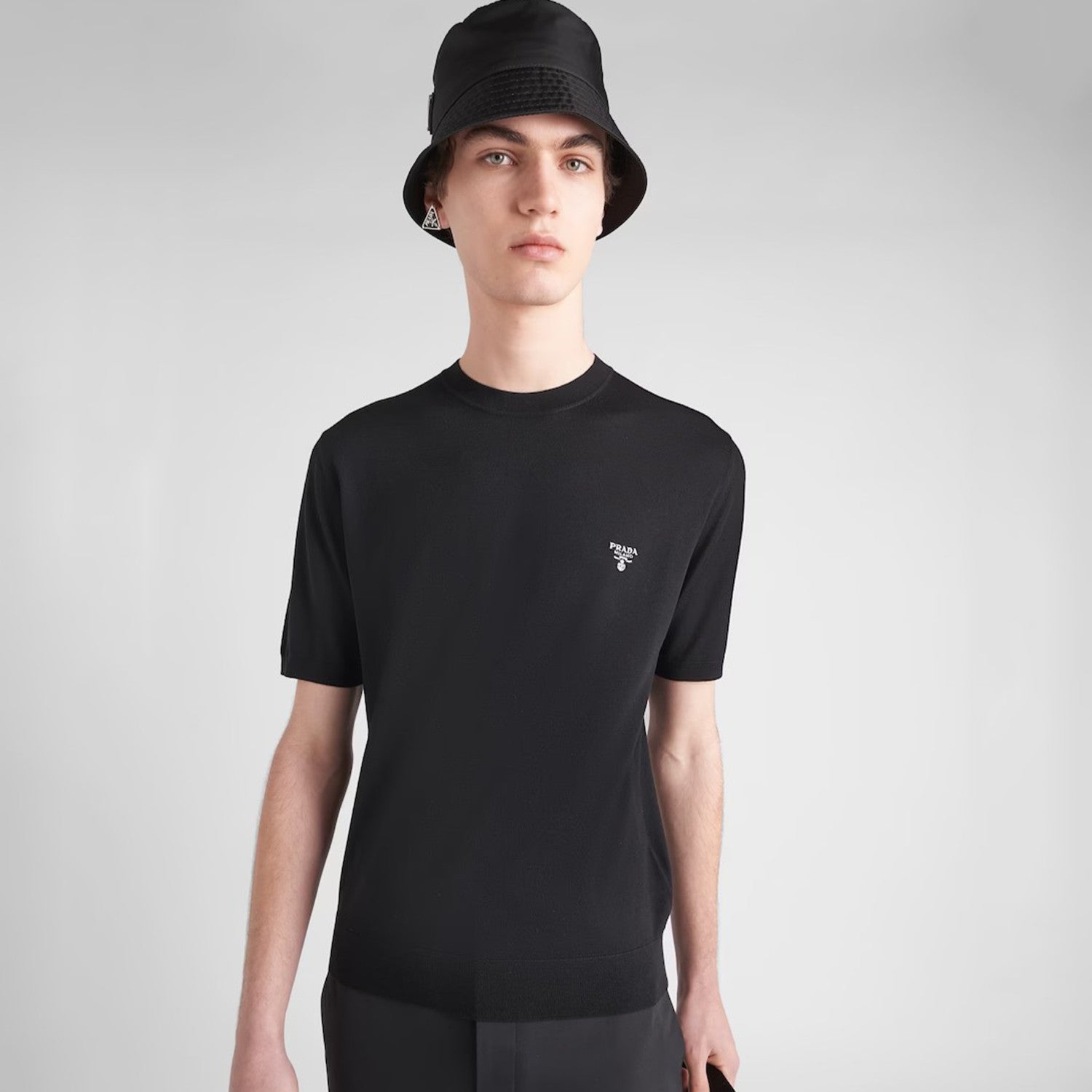 Prada Men's Spring/Summer Solid Color Logo Embroidery Superfine Wool Crew Neck Short Sleeve Sweater #98319