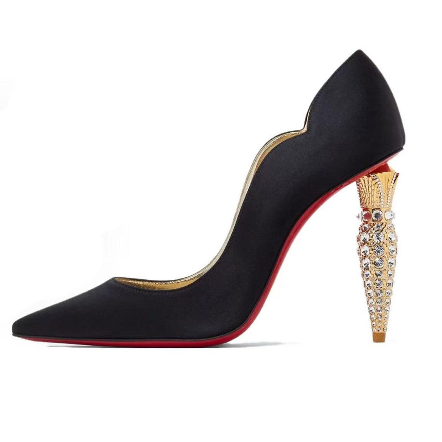 Christian Louboutin Lipchick Pump Series Hot Chick Shoe Style Cl Crepe Satin Rhinestone Embellishment Asymmetrical Heel High Heels 10cm Women's Black Nude Shoes Ngvp #1997