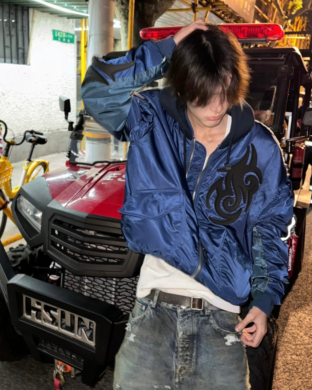 Vetements Men's Autumn And Winter Blue Hooded High Street Cotton Jacket Fashion Retro Trend Applique Zip Jacket Ngvp #9939