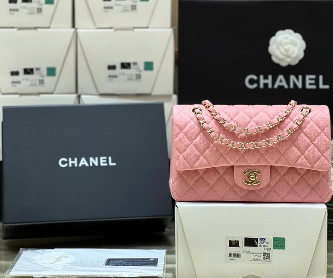 Chanel CF22 Spring/summer Women's Pink Lychee Leather Bags 24k Gold Plated Flap Classic Collection Bag #81254