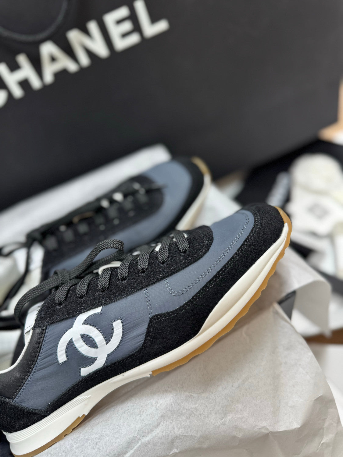 CHANEL Sneakers Calfskin Suede Calfskin White Black #381216