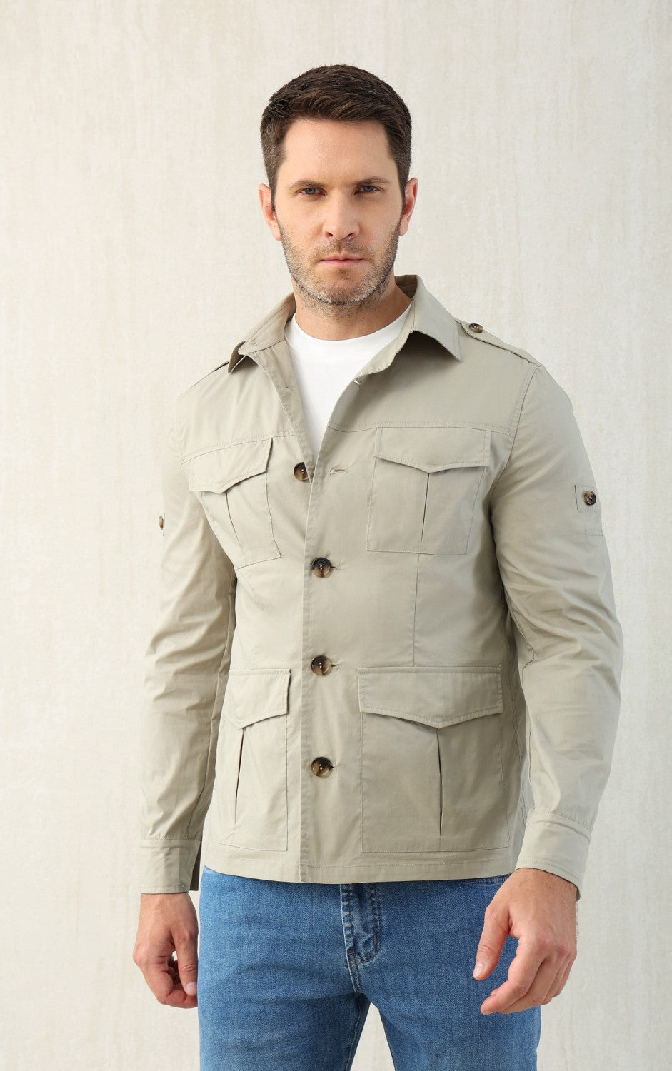 Brunello Cucinelli Men's Spring & Fall Lightweight Water-Resistant Techno Cotton Unlined Safari Jacket Solid Color Lapel Single Breasted Shirt Style Jacket Ngvp #1946