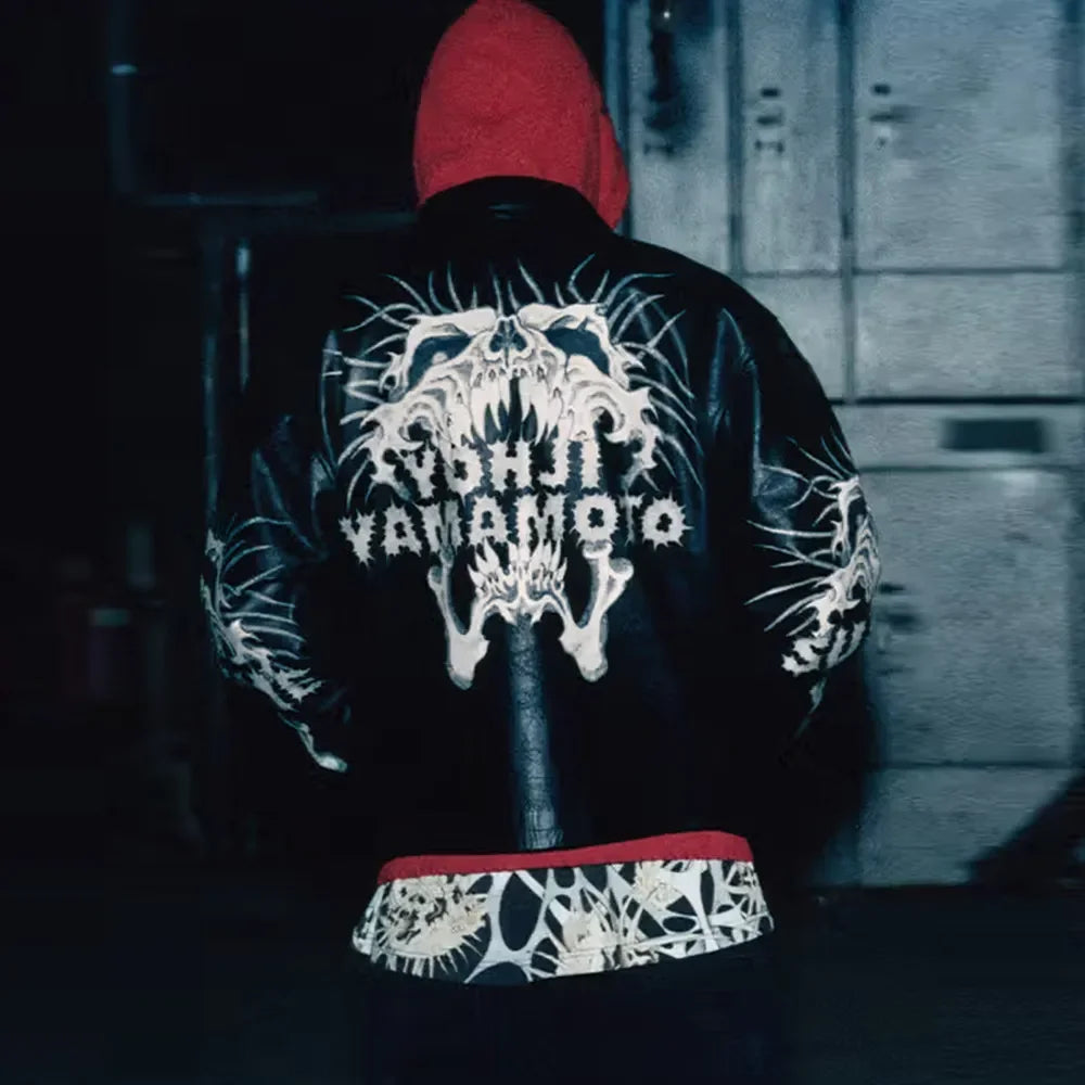 Supreme x Y's by Yohji Yamamoto Men's and Women's FW25 WEEK3 Leather Fitted Casual Jacket With Printed Sleeves And Zip Closure #332325