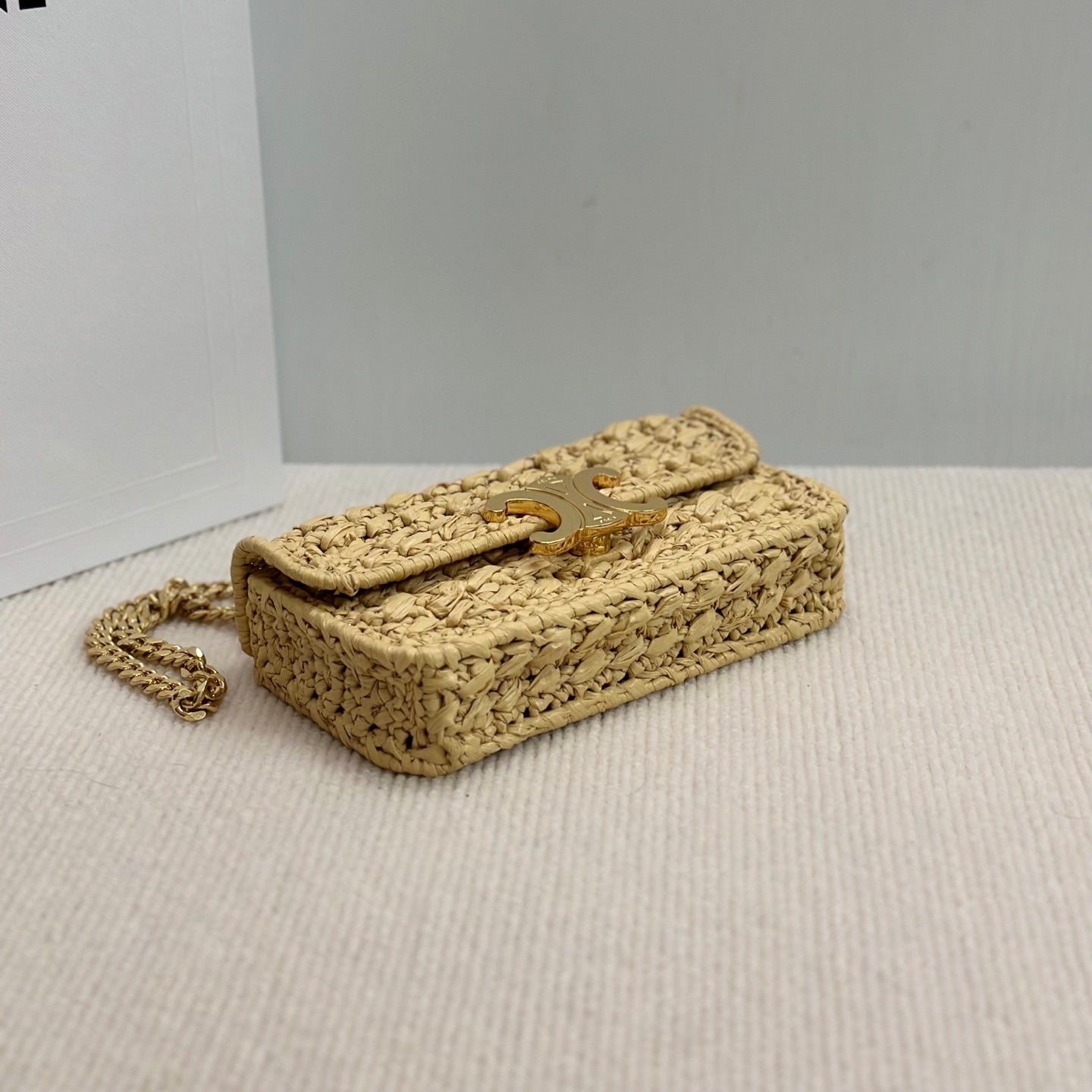 Celine TRIOMPHE Women's Monogrammed Gold Buckle Raffia Woven Solid Color Crossbody Shoulder Bag Bags #76673