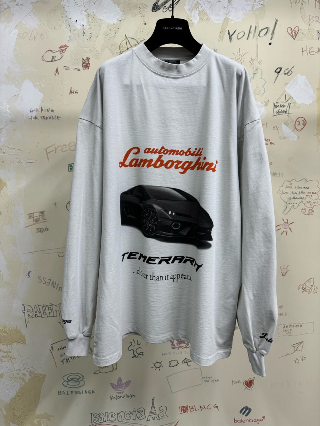 Balenciaga x Lamborghini Men's and Women's Summer Car Print Round Neck Pullover Drop Shoulder Regular Fit Cotton Long Sleeve T-Shirt #75253
