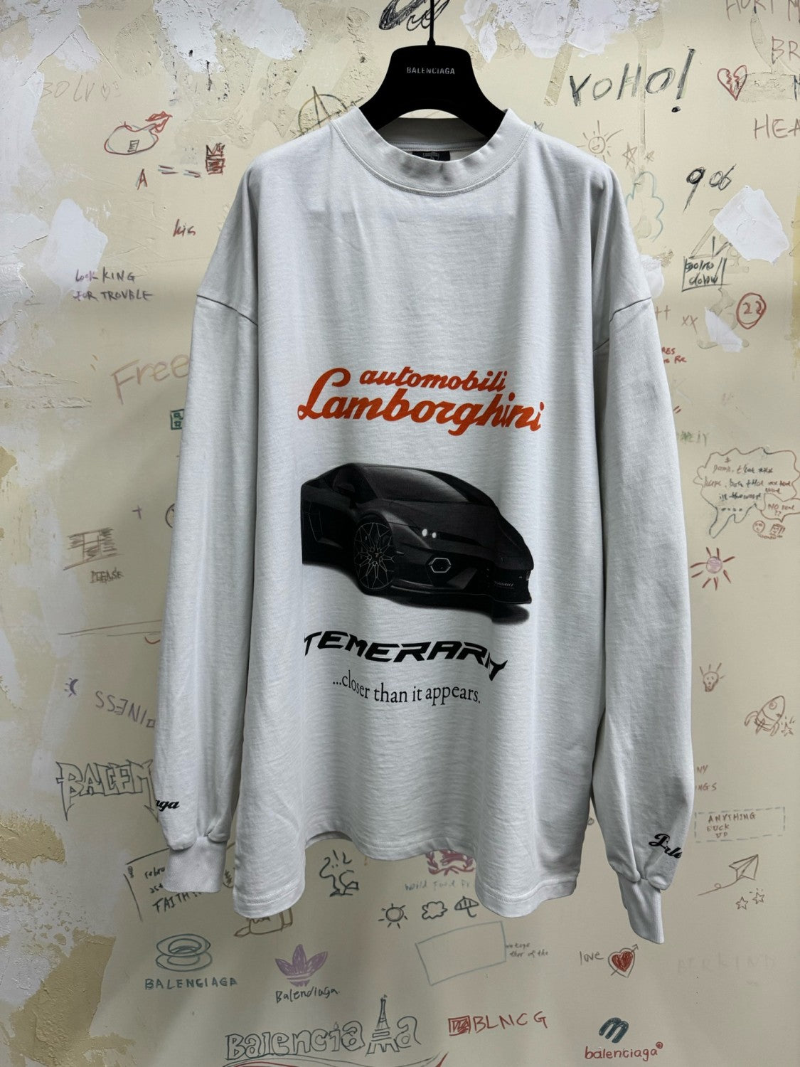 Balenciaga x Lamborghini Men's and Women's Summer Car Print Round Neck Pullover Drop Shoulder Regular Fit Cotton Long Sleeve T-Shirt #75253