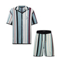 Louis Vuitton  Men's Summer Striped Crochet Single Breasted Short Sleeve Shirt Casual Lace-Up Shorts Suit Set #76893