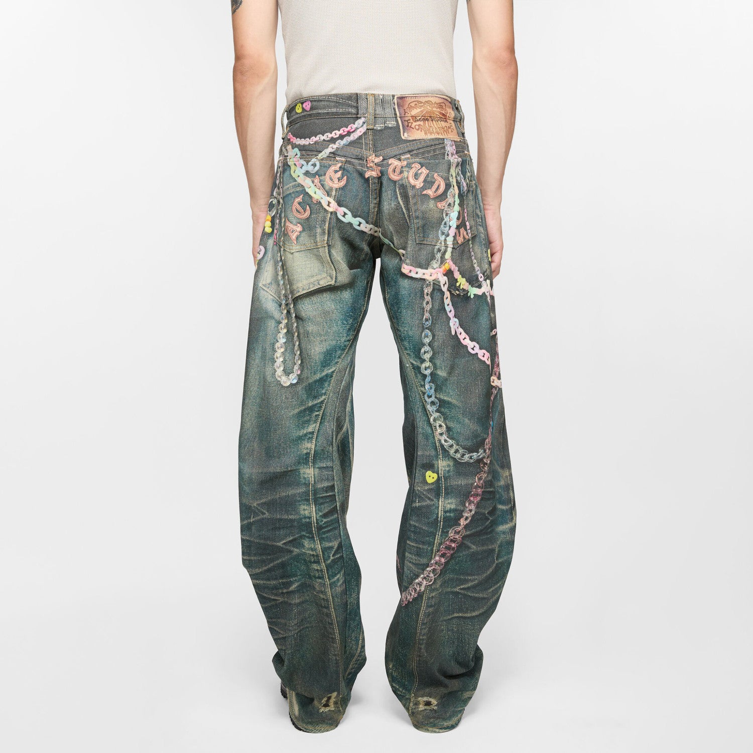 Acne Studios Men'S Women'S Four Seasons 3d Print Chain Print Loose Fit Jeans Fashion High Street Machete Pants Jeans  Ngvp #1343
