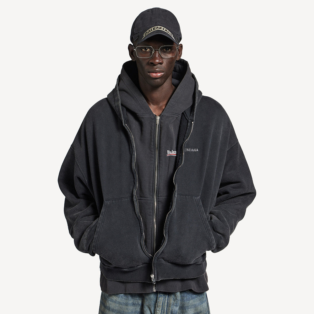 Balenciaga Men's Layered Zip-up Hoodie in Faded Black #336823